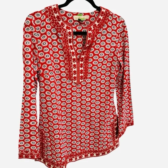 Tory Burch Jayne tunic red daisy floral print sequins embroidery boho spring - Picture 5 of 15